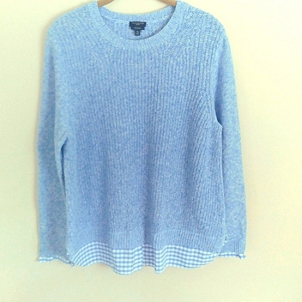 Talbots Sky Blue Sweater Gingham Hem Preppy Faux‎ Layer Cotton XL